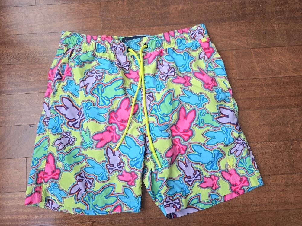 Psycho Bunny Multicolor Bunny Skull Print Swim Trunks Shorts Sz Xs